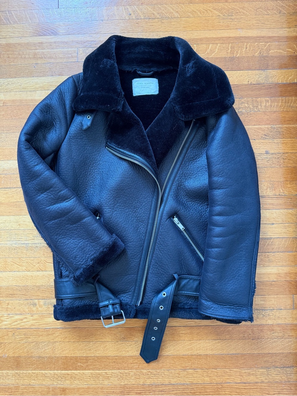 Double Black Shearling Moto Jacket with Belt. Oversized size Small.